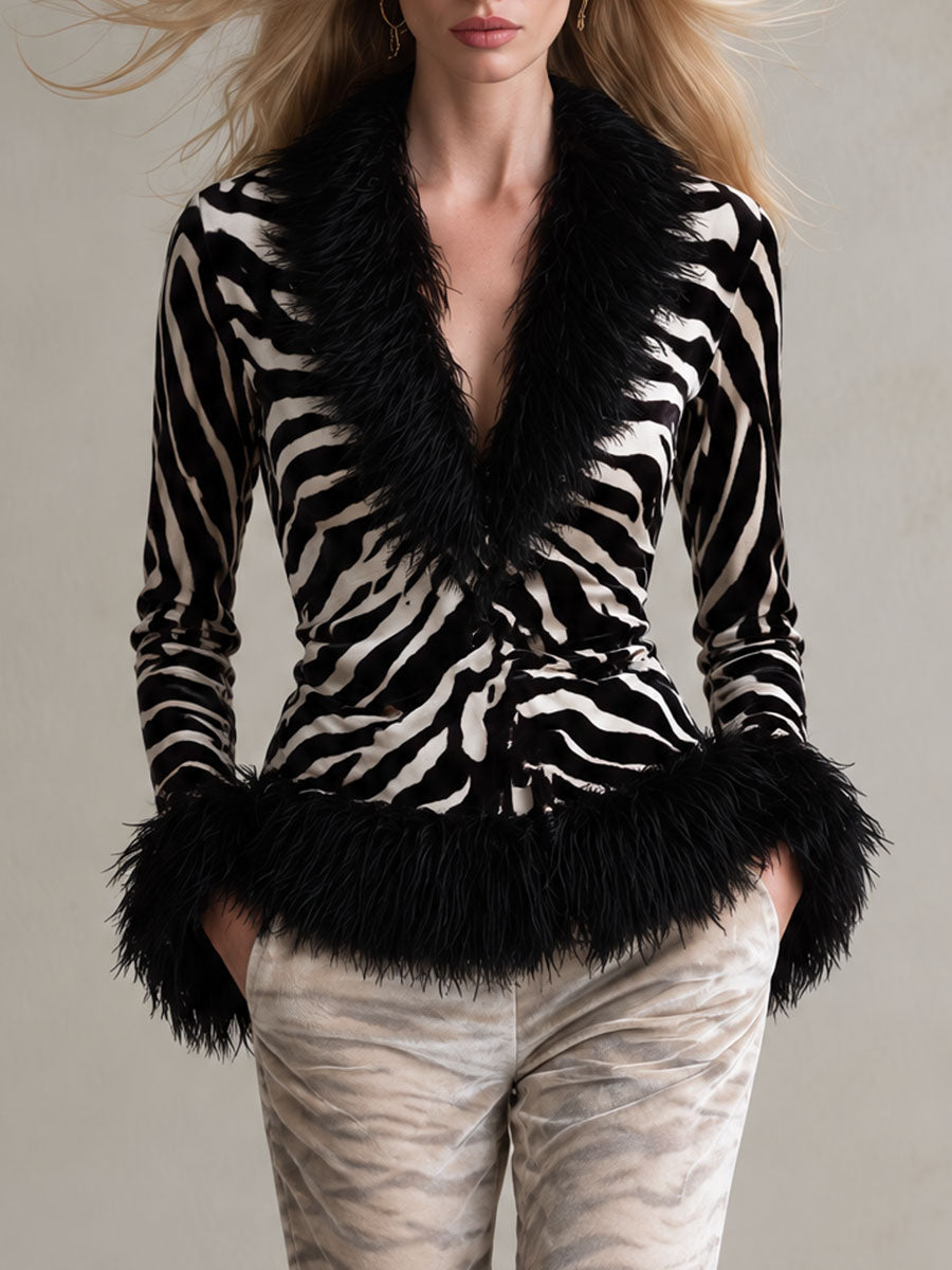 Classic Retro Black Faux Fur Collar Zebra Print Velvet Shirt