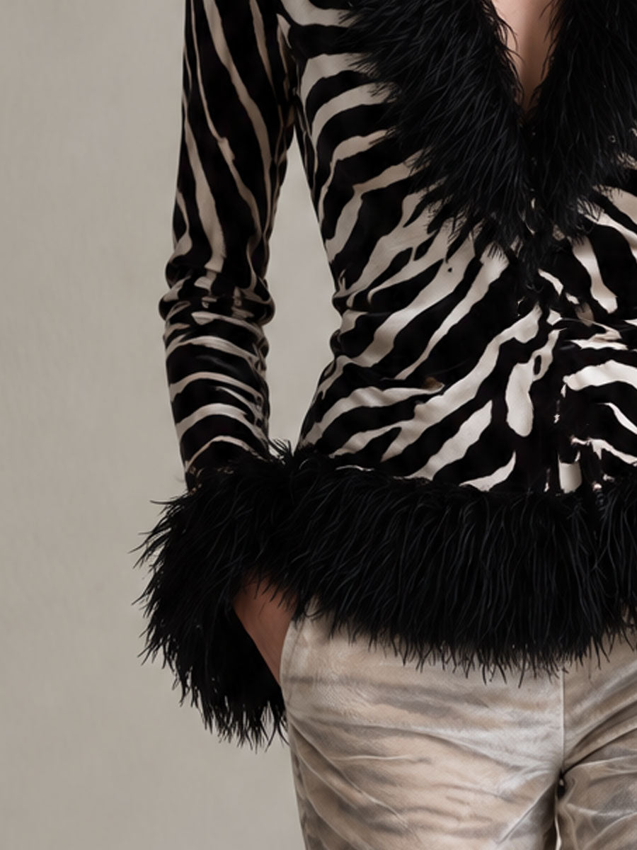 Classic Retro Black Faux Fur Collar Zebra Print Velvet Shirt