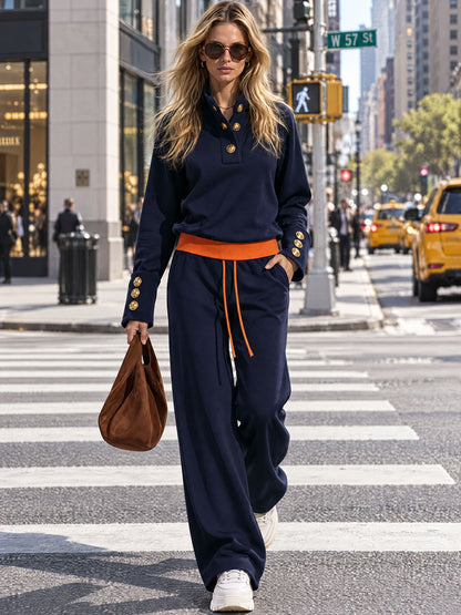 Casual Sportswear Set With Gold Button Sweatshirt And Navy Blue Cotton Pants