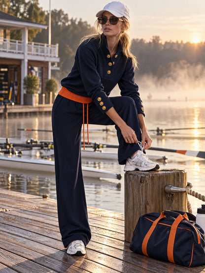 Casual Sportswear Set With Gold Button Sweatshirt And Navy Blue Cotton Pants