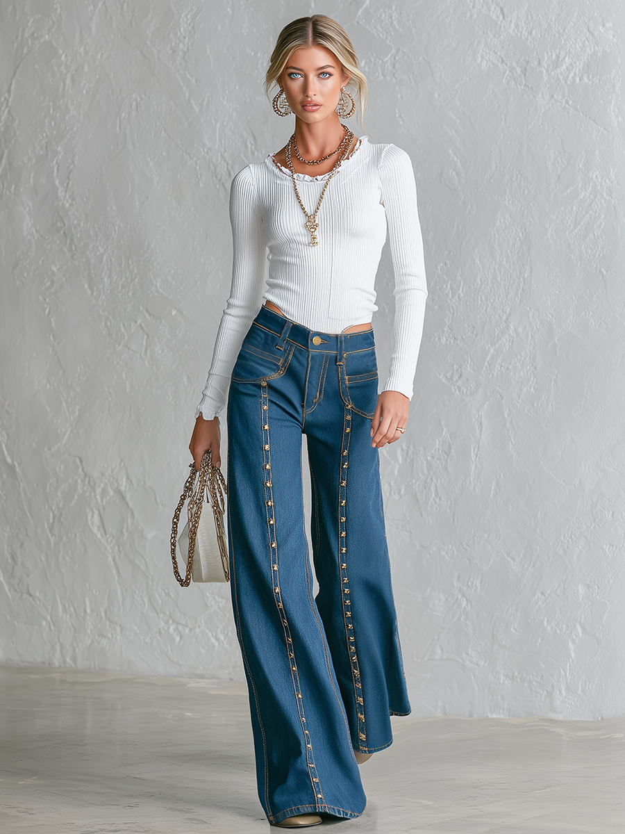 Vintage Gold Studded Seam Wide Leg Jeans