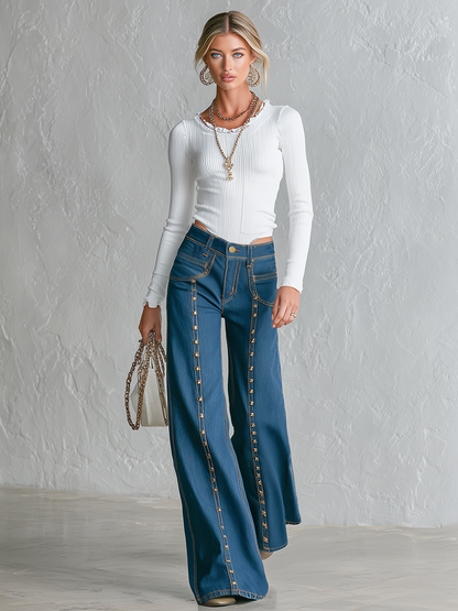 Vintage Gold Studded Seam Wide Leg Jeans