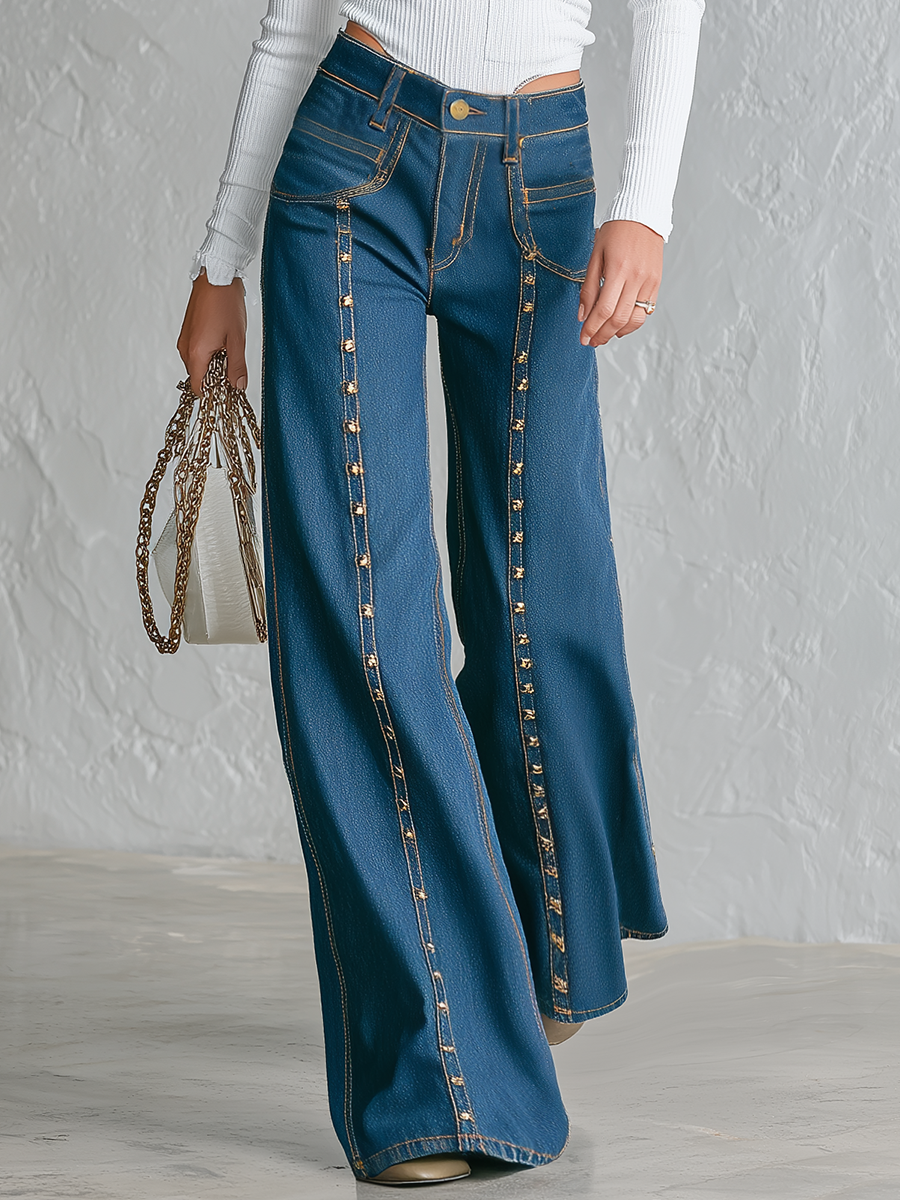 Vintage Gold Studded Seam Wide Leg Jeans