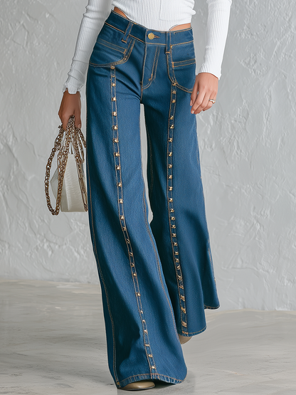 Vintage Gold Studded Seam Wide Leg Jeans