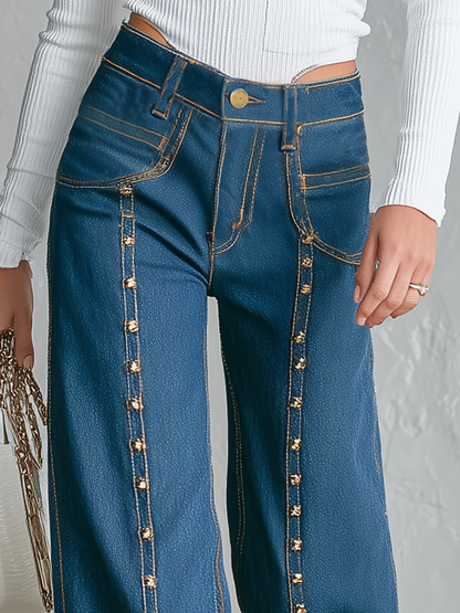Vintage Gold Studded Seam Wide Leg Jeans