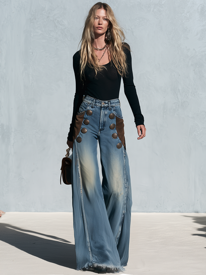 Vintage Suede Panel Double Button Wide Leg Jeans