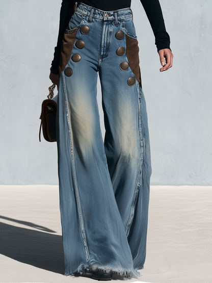 Vintage Suede Panel Double Button Wide Leg Jeans