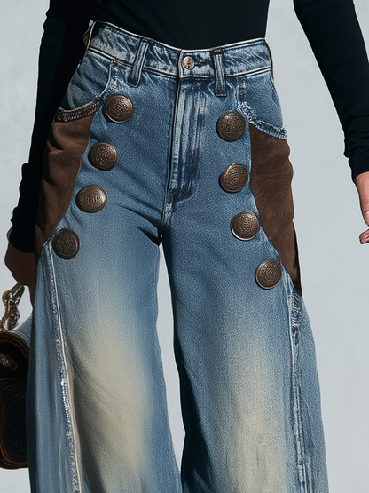 Vintage Suede Panel Double Button Wide Leg Jeans