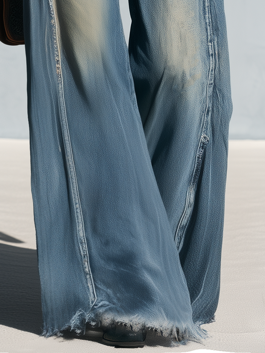 Vintage Suede Panel Double Button Wide Leg Jeans