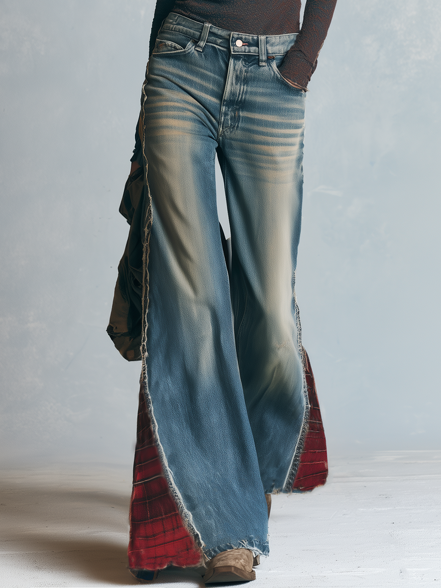 Y2K Plaid Patchwork Frayed Hem Flare Jeans