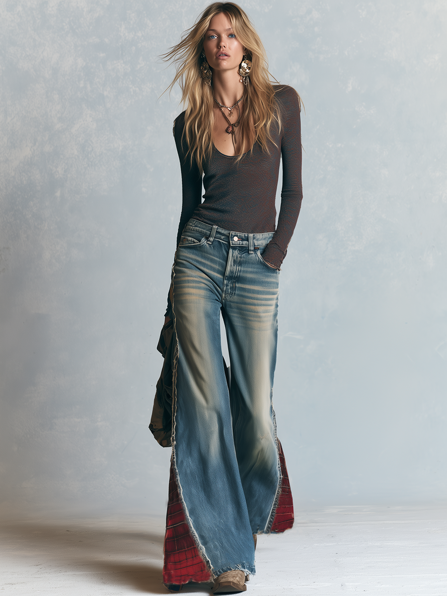 Y2K Plaid Patchwork Frayed Hem Flare Jeans