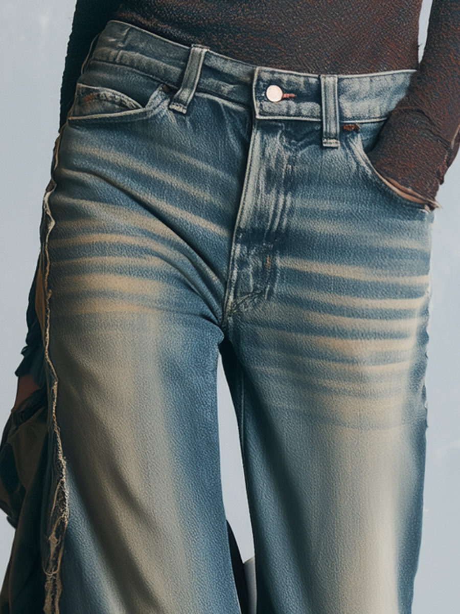 Y2K Plaid Patchwork Frayed Hem Flare Jeans