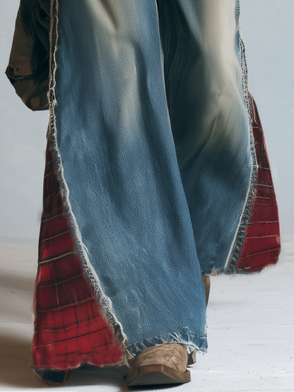 Y2K Plaid Patchwork Frayed Hem Flare Jeans