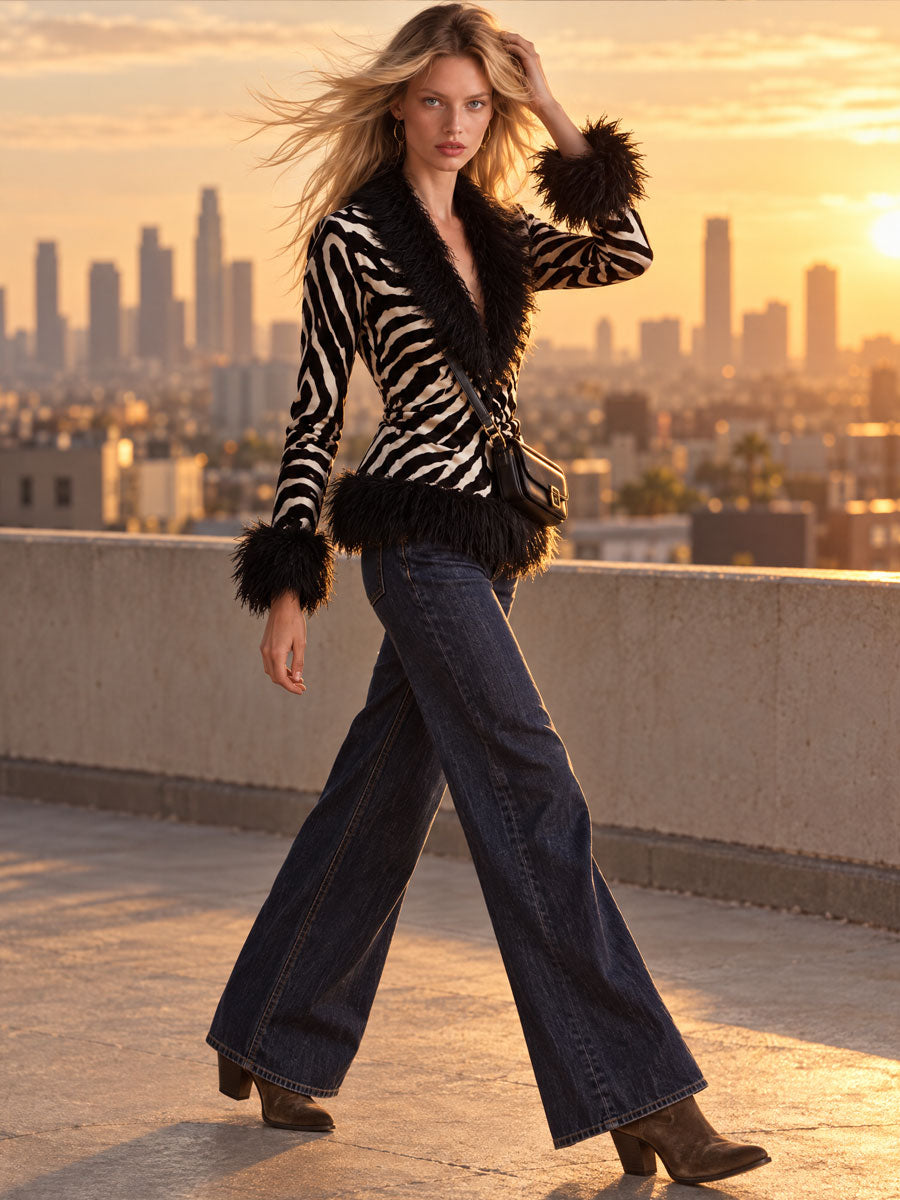 Classic Retro Black Faux Fur Collar Zebra Print Velvet Shirt
