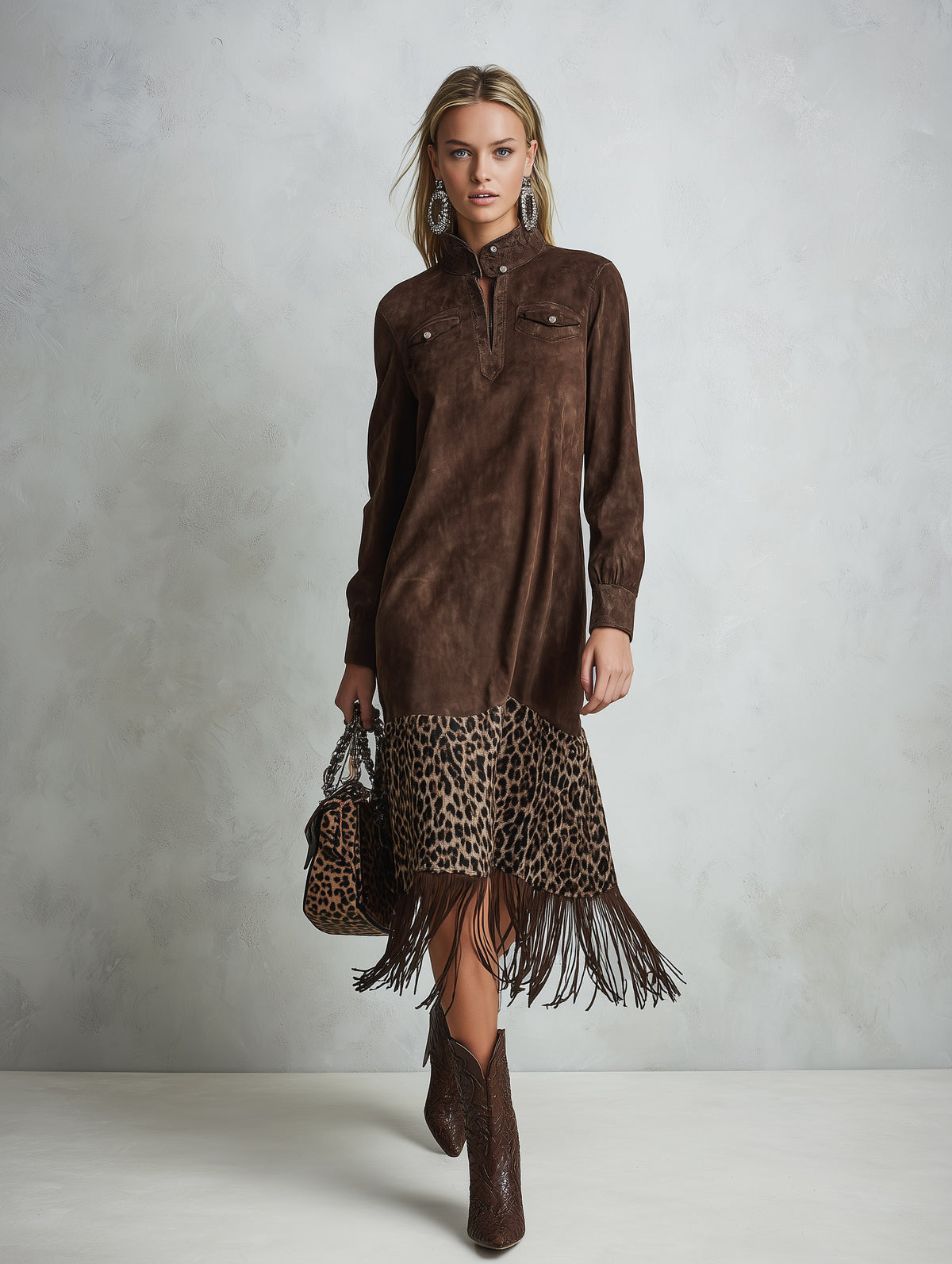Retro Autumn Tassel Brown Leopard Print Faux Suede Midi Dress