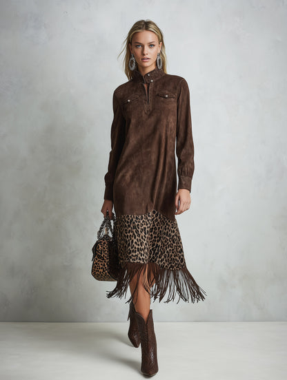 Retro Autumn Tassel Brown Leopard Print Faux Suede Midi Dress