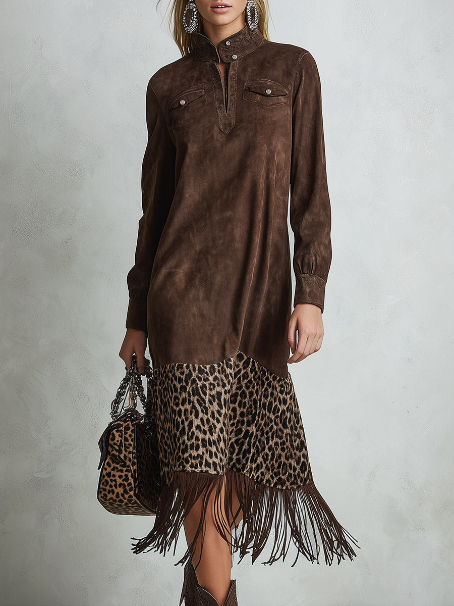 Retro Autumn Tassel Brown Leopard Print Faux Suede Midi Dress