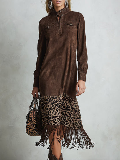 Retro Autumn Tassel Brown Leopard Print Faux Suede Midi Dress