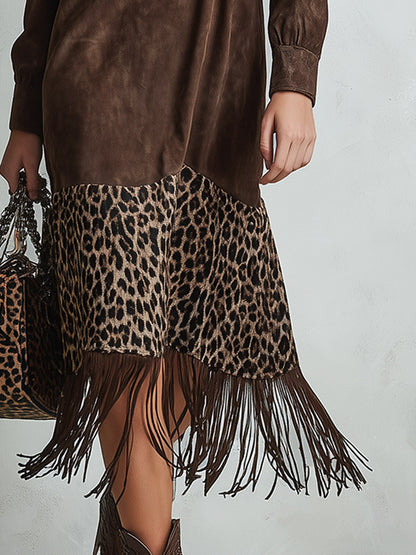 Retro Autumn Tassel Brown Leopard Print Faux Suede Midi Dress