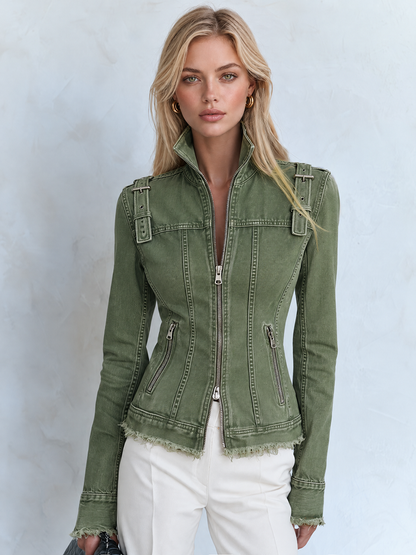 Vintage Utility Buckle Frayed Zip Front Denim Moto Jacket