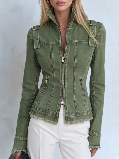 Vintage Utility Buckle Frayed Zip Front Denim Moto Jacket