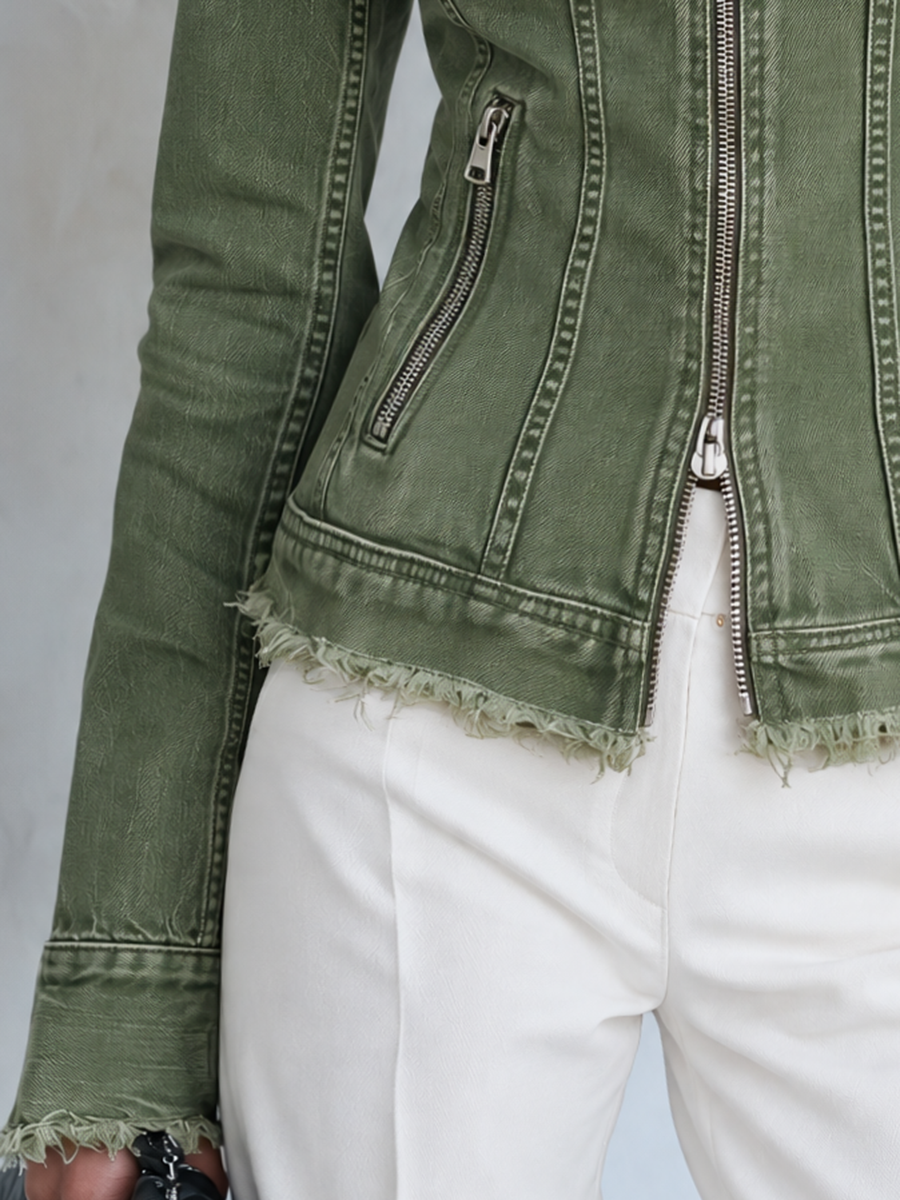 Vintage Utility Buckle Frayed Zip Front Denim Moto Jacket
