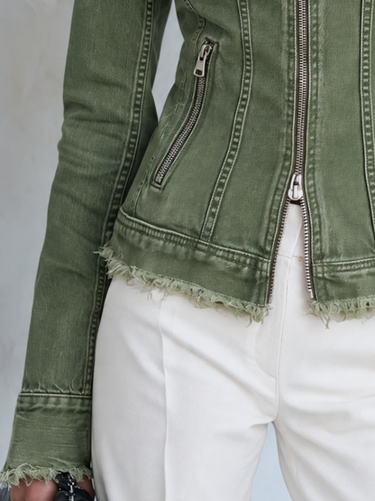 Vintage Utility Buckle Frayed Zip Front Denim Moto Jacket