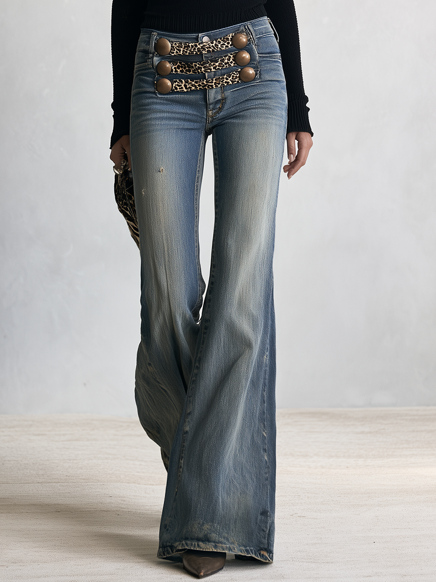 Retro Boho Leopard Belt Triple Stud Flare Jeans