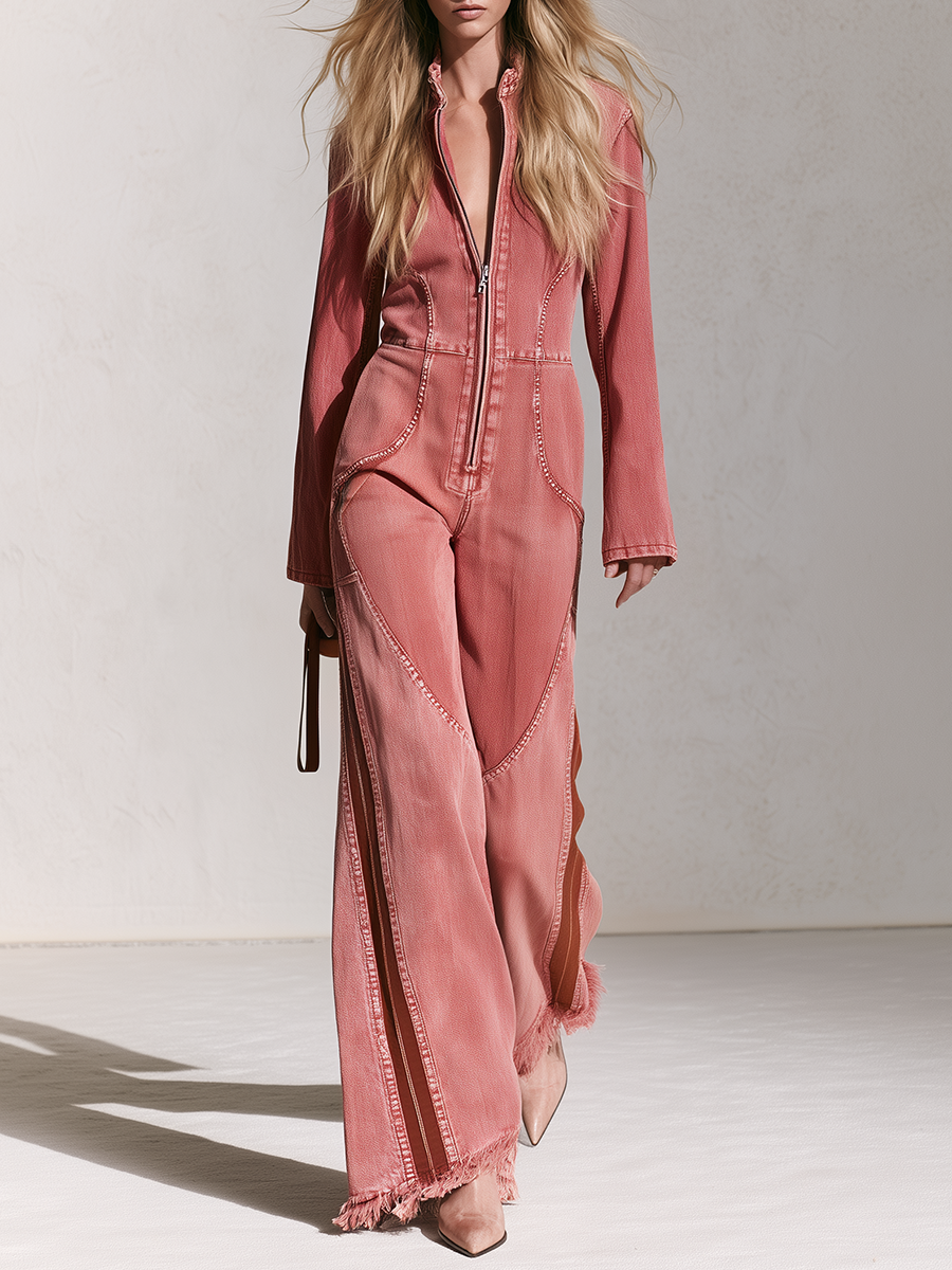 Retro Western Fringe Hem Wide Leg Denim Jumpsuit