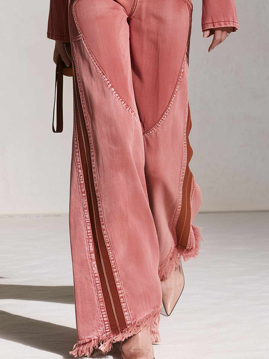 Retro Western Fringe Hem Wide Leg Denim Jumpsuit