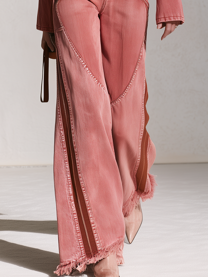 Retro Western Fringe Hem Wide Leg Denim Jumpsuit