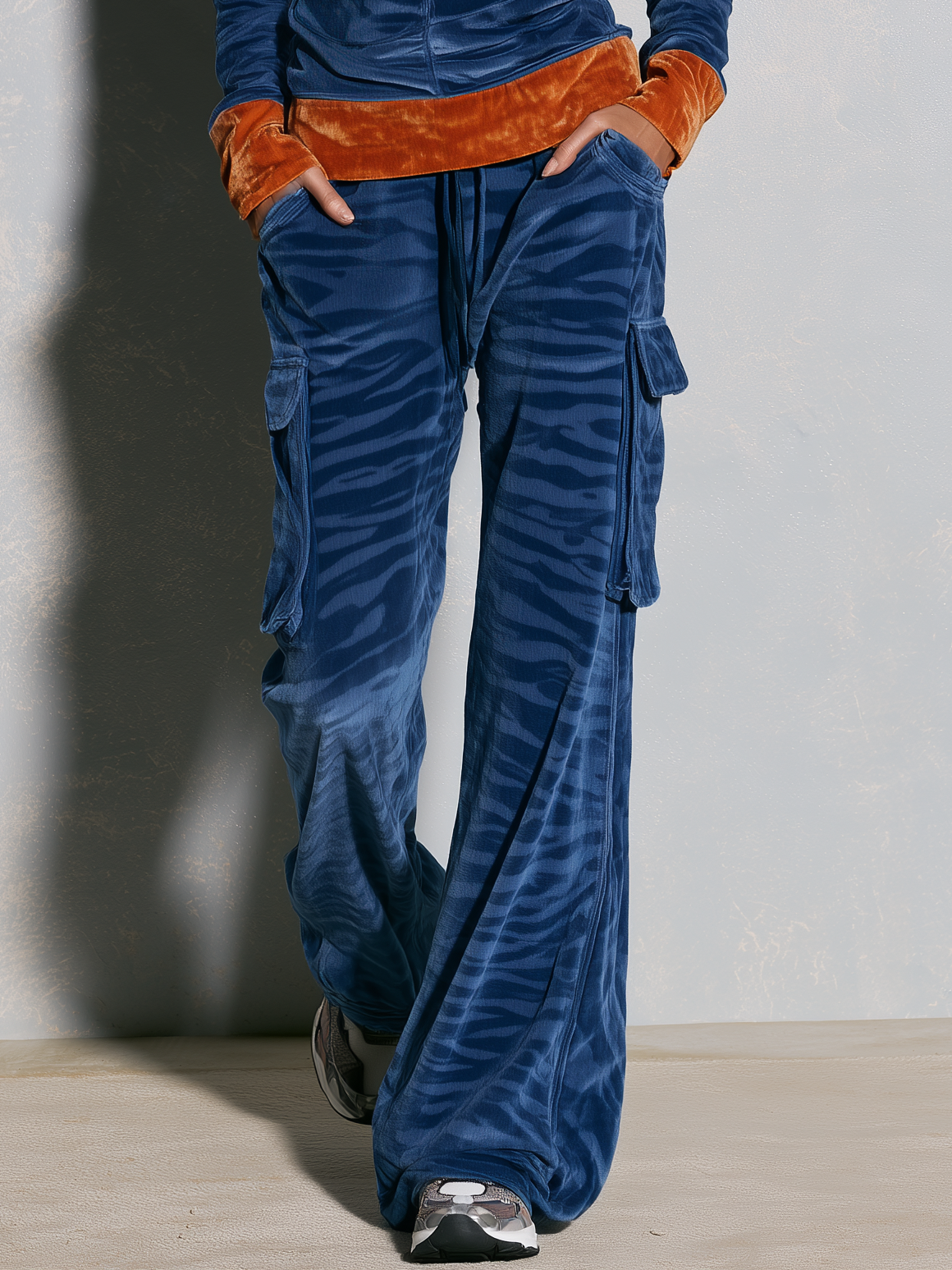 Retro Sporty Zebra Print Velvet Hooded Two Piece Set Women