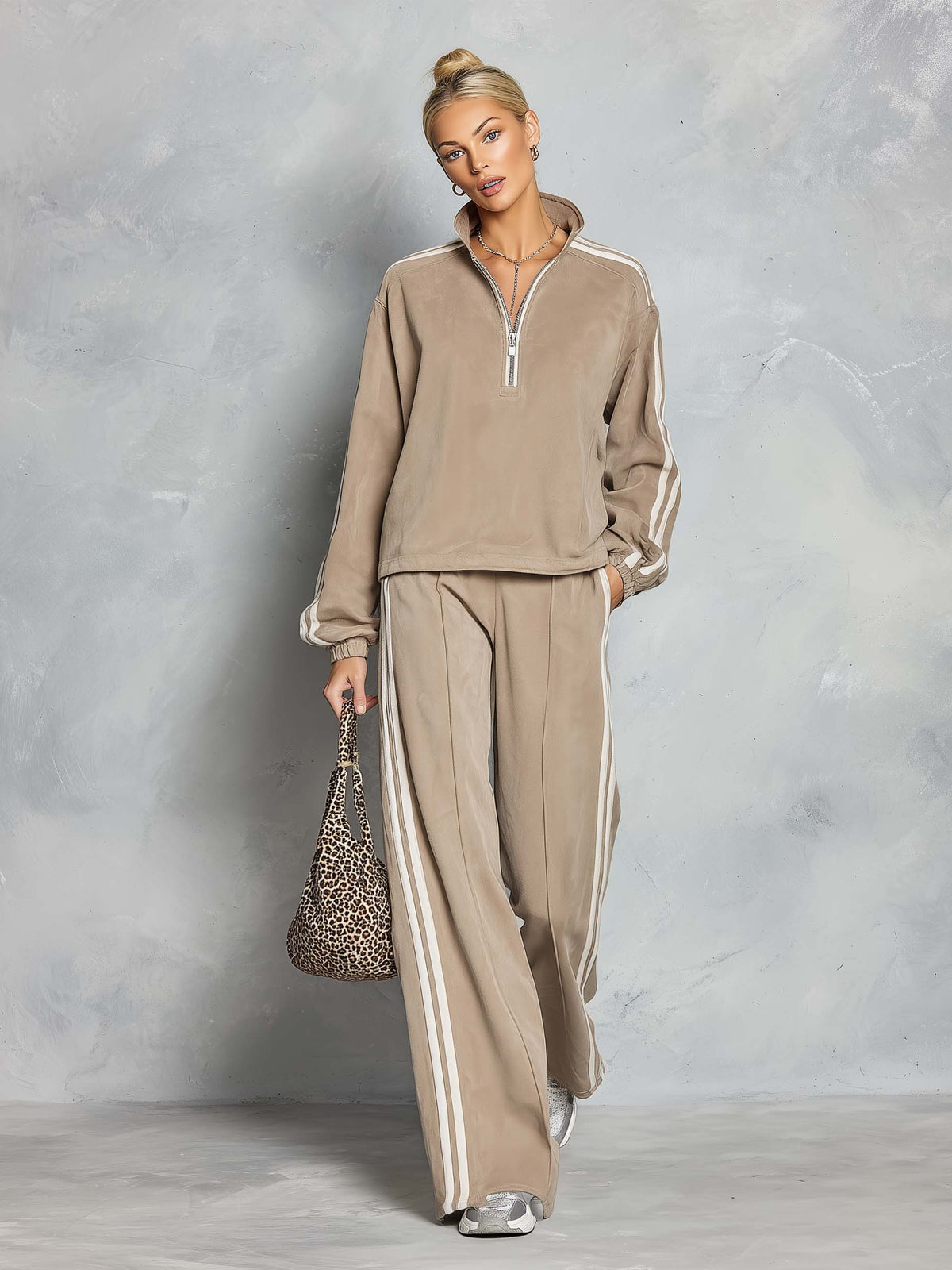 Retro Sporty Faux Suede Half-Zip Striped Wide-Leg Pants Matching Set