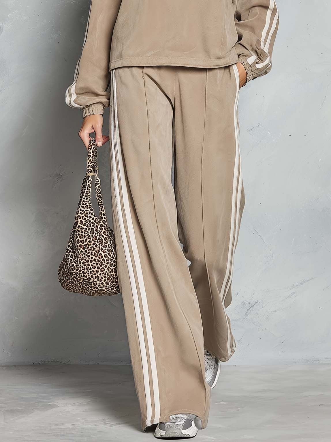 Retro Sporty Faux Suede Half-Zip Striped Wide-Leg Pants Matching Set
