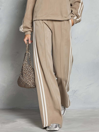 Retro Sporty Faux Suede Half-Zip Striped Wide-Leg Pants Matching Set