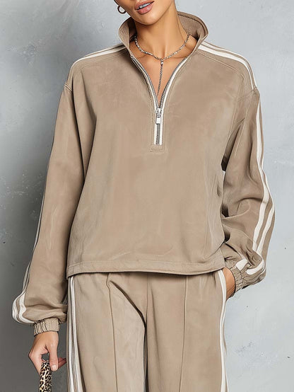 Retro Sporty Faux Suede Half-Zip Striped Wide-Leg Pants Matching Set