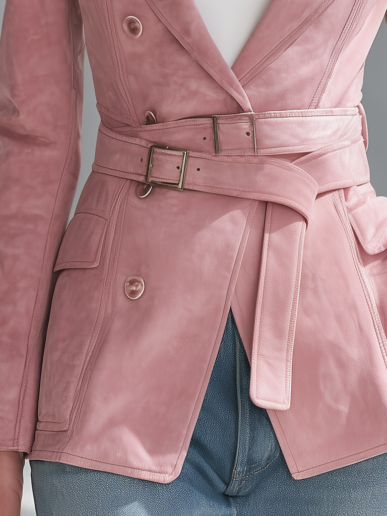 Vintage Elegant Pink Faux Suede Lapel Belted Jacket For Women