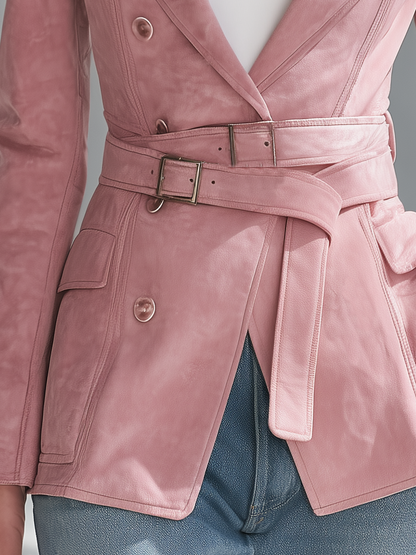 Vintage Elegant Pink Faux Suede Lapel Belted Jacket For Women