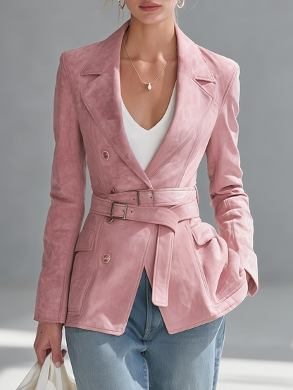 Vintage Elegant Pink Faux Suede Lapel Belted Jacket For Women