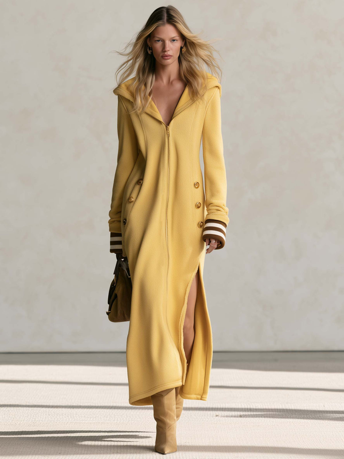 Soft Lazy Butter Yellow Hooded Zip-Front Flannel Striped-Cuff Side-Slit Long Sleeve Midi Dress