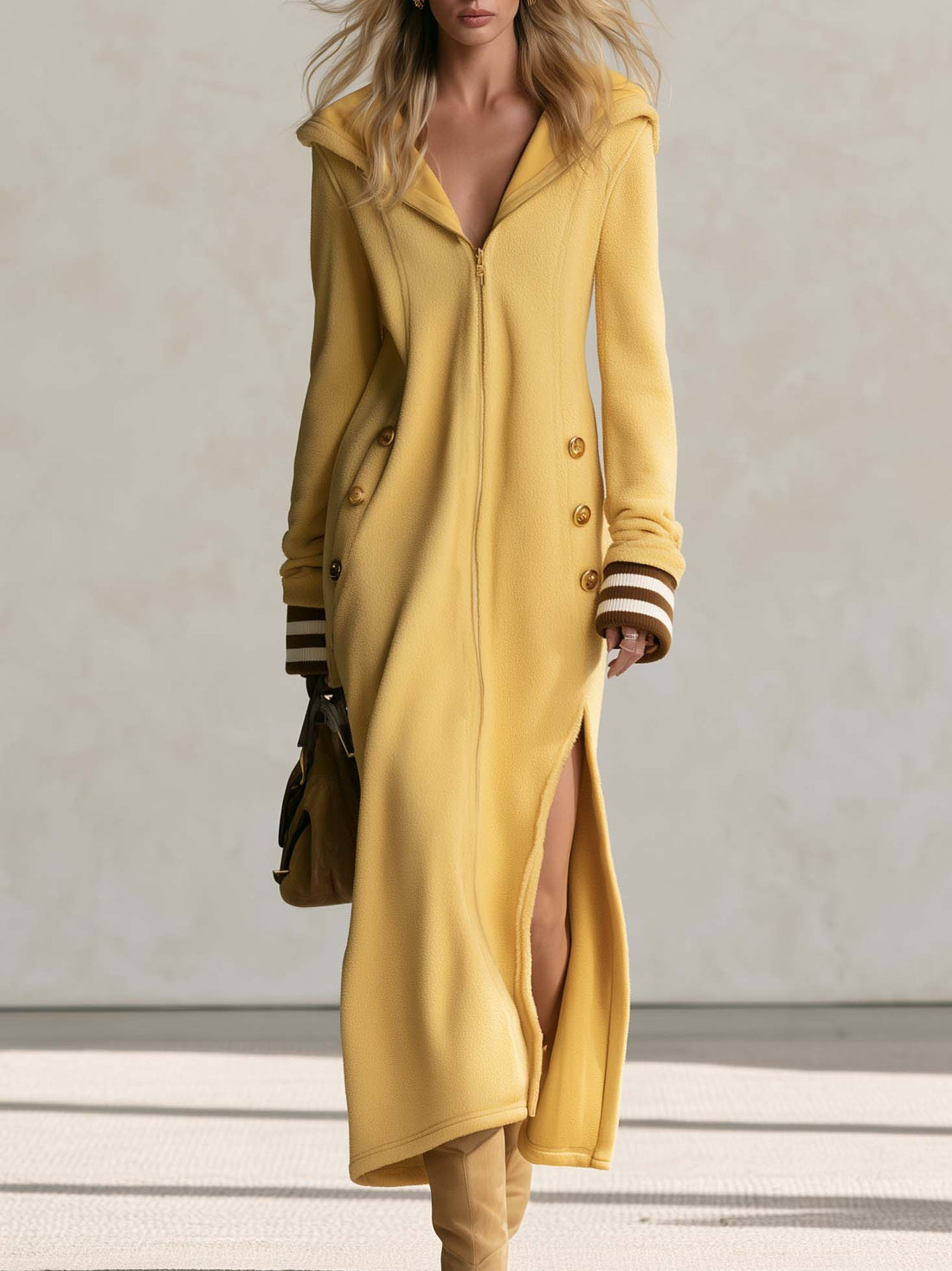 Soft Lazy Butter Yellow Hooded Zip-Front Flannel Striped-Cuff Side-Slit Long Sleeve Midi Dress
