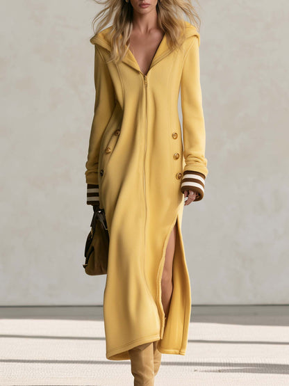 Soft Lazy Butter Yellow Hooded Zip-Front Flannel Striped-Cuff Side-Slit Long Sleeve Midi Dress