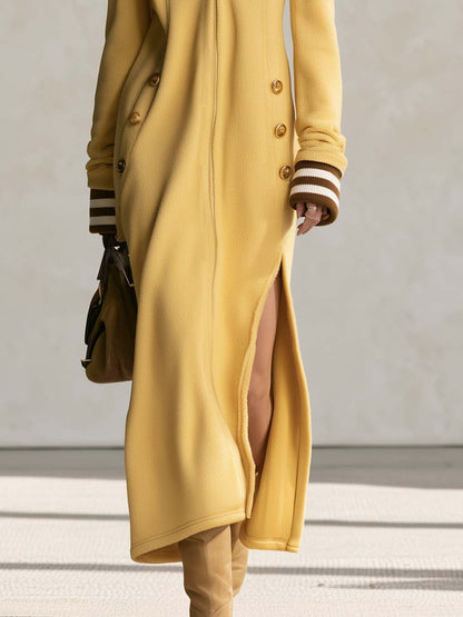 Soft Lazy Butter Yellow Hooded Zip-Front Flannel Striped-Cuff Side-Slit Long Sleeve Midi Dress