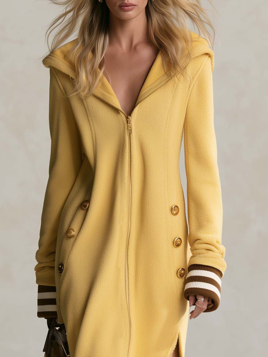 Soft Lazy Butter Yellow Hooded Zip-Front Flannel Striped-Cuff Side-Slit Long Sleeve Midi Dress