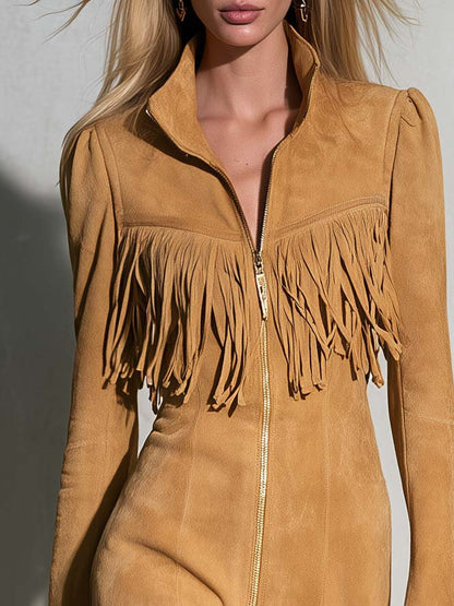 Urban Western Faux Suede Fringe Zip Front Long Sleeve Leopard Hem Mini Dress