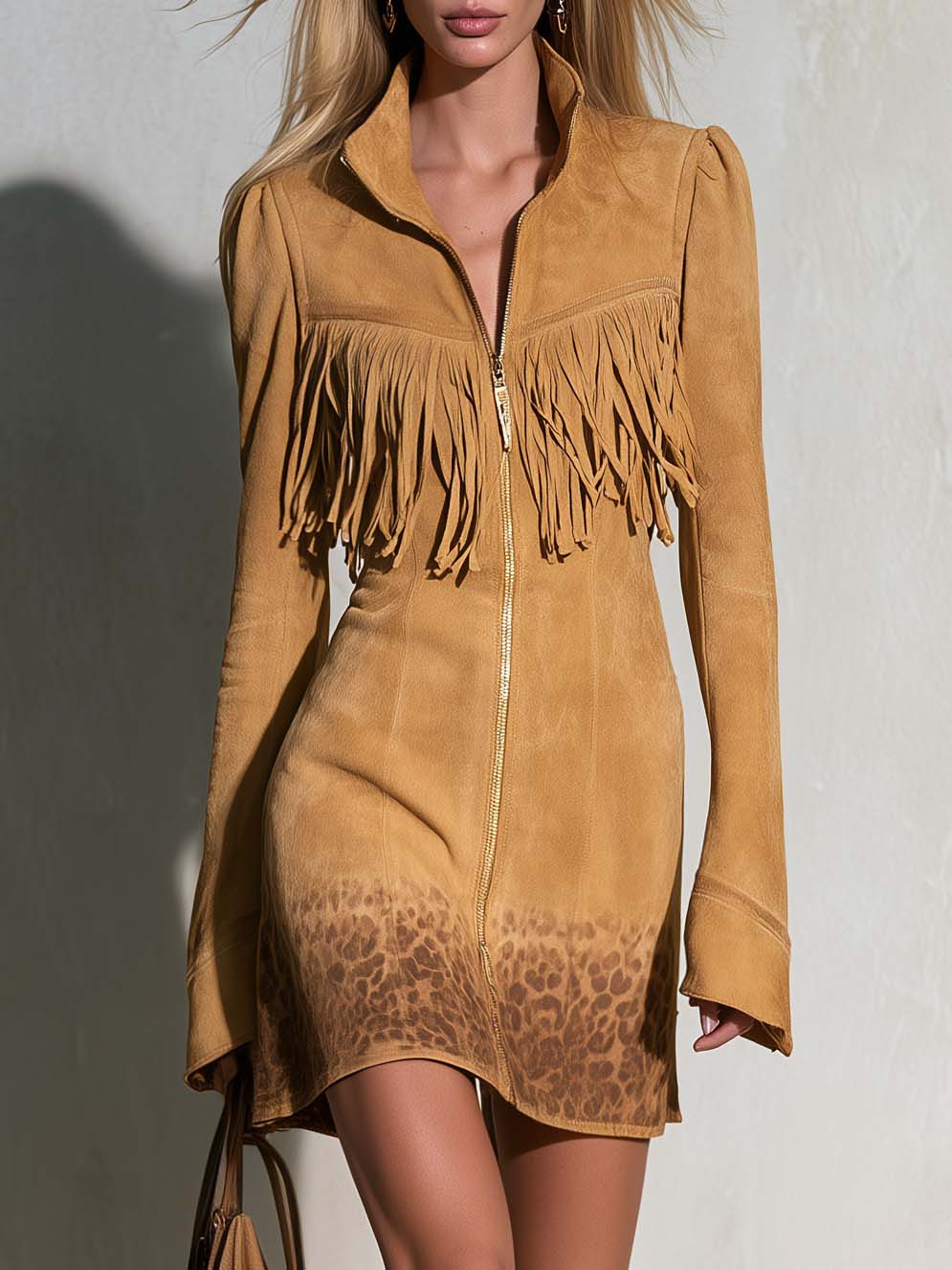 Urban Western Faux Suede Fringe Zip Front Long Sleeve Leopard Hem Mini Dress