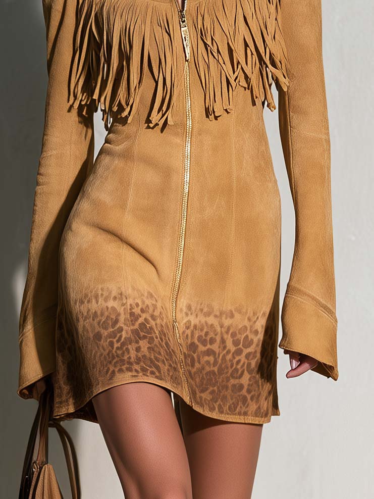 Urban Western Faux Suede Fringe Zip Front Long Sleeve Leopard Hem Mini Dress