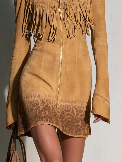 Urban Western Faux Suede Fringe Zip Front Long Sleeve Leopard Hem Mini Dress