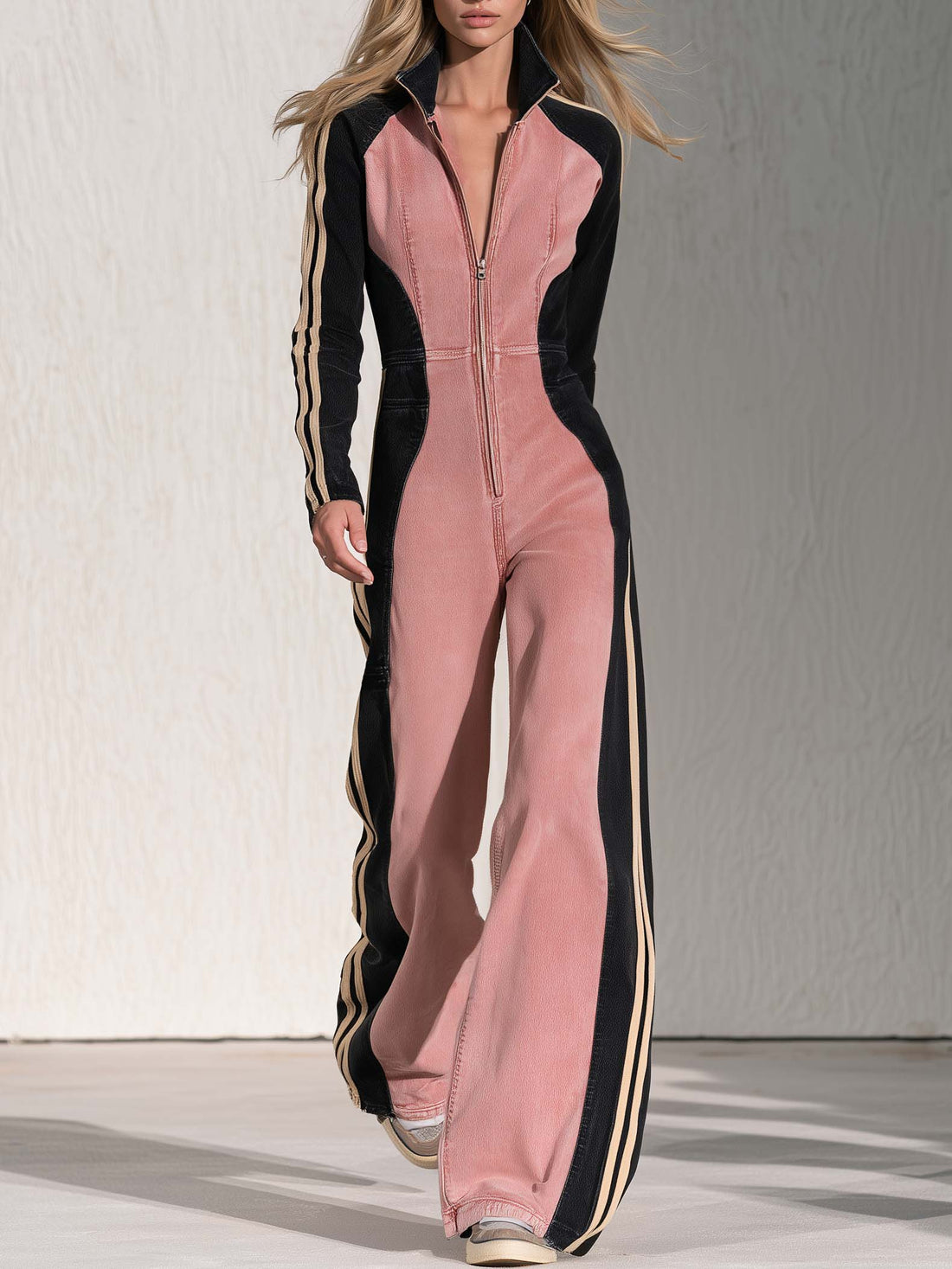 Retro Sporty Pink Color Block Long Sleeve Zip Front Wide Leg Denim Jumpsuit