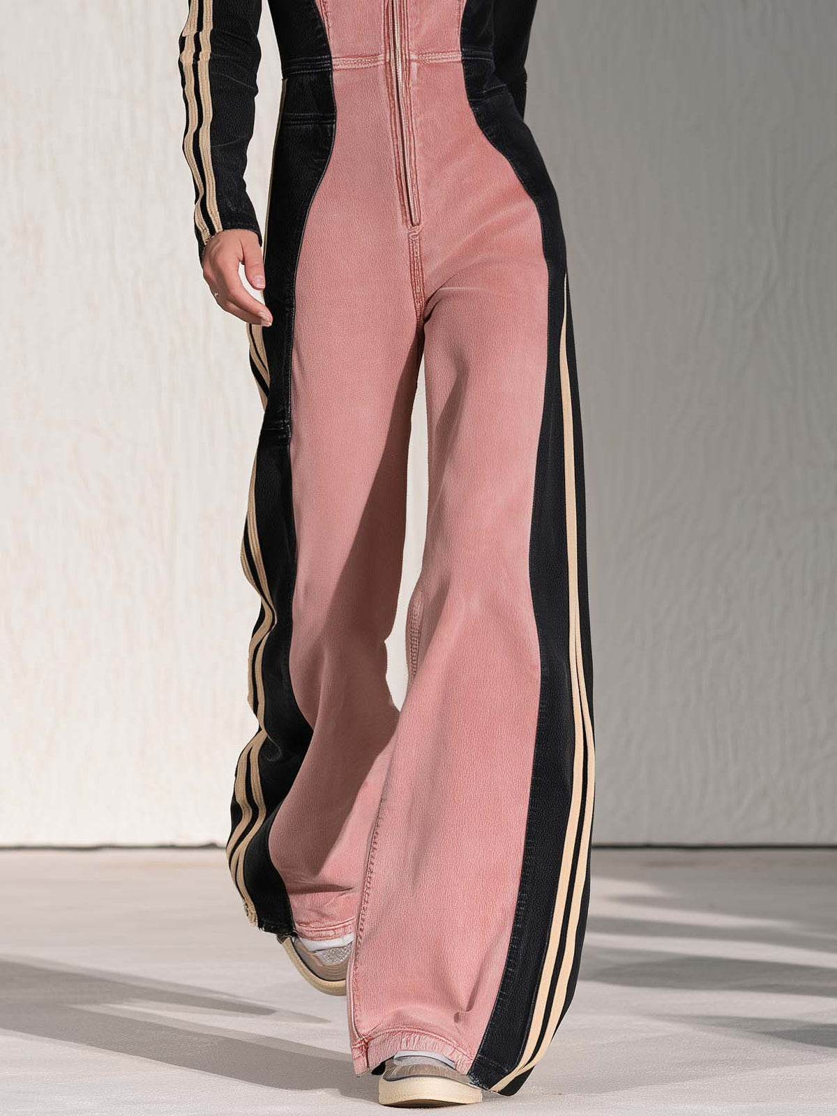 Retro Sporty Pink Color Block Long Sleeve Zip Front Wide Leg Denim Jumpsuit